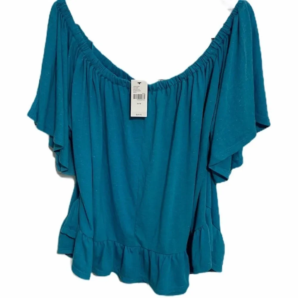 Lane Bryant Off The‎ Shoulder Ruffle Top Blue 26/28 - Picture 2 of 10